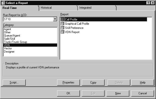 VDN reports VDN Skill Preference report on page 211 VDN report on page 213 VDN report selector window and input fields The VDN report selector window and the VDN report input window are used to run