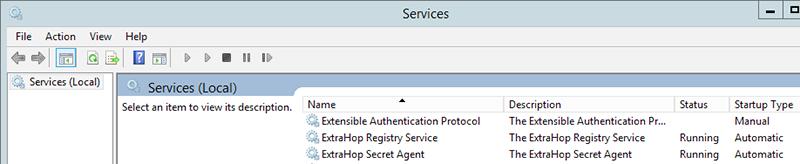 2. Open the Services MMC snap-in. Ensure both services, ExtraHop Secret Agent and ExtraHop Registry Service show the status as Running. 3.