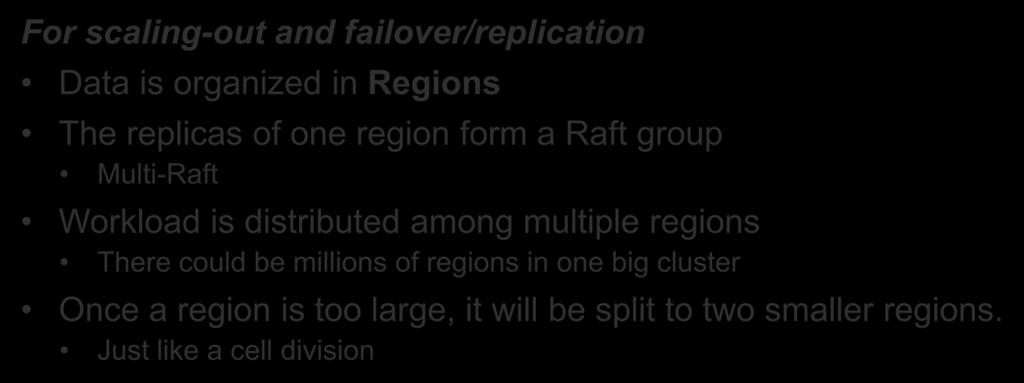 Raft For scaling-out and failover/replication Data is organized in Regions The
