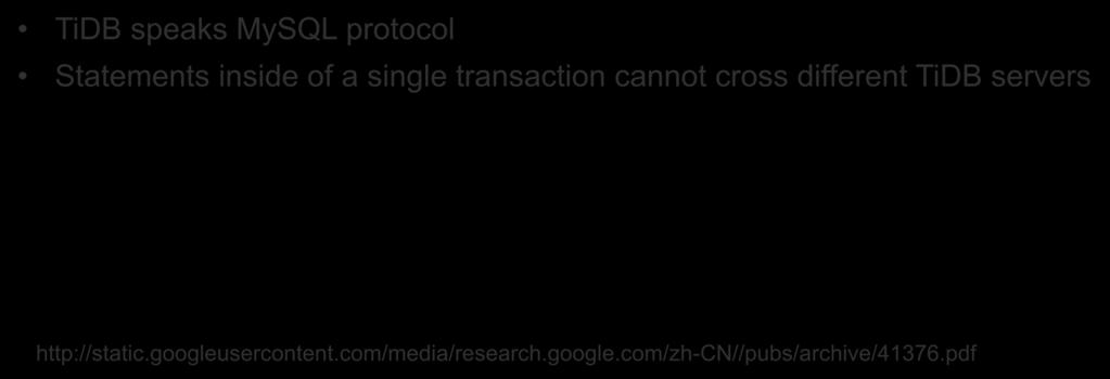 Something different from Google F1 TiDB speaks MySQL protocol Statements inside of a single transaction cannot cross