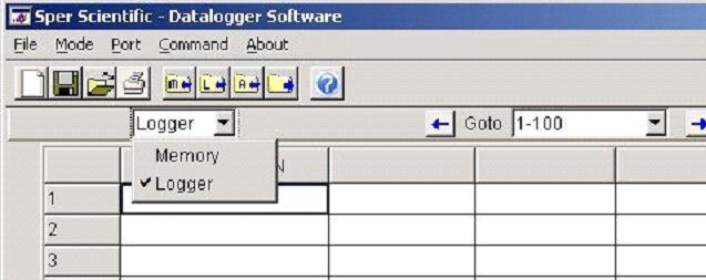 SOFTWARE CONFIGURATION Mode Menu Option There are two data modes: Memory and Logger. 1. Select the data mode from Mode on the main menu or the drop-down menu. 2.
