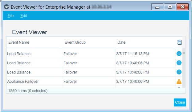 To access the Audit Trail: 1. Select Audit Trails from the Log menu. 2. Enter a time period and select OK. The Audit Trails log opens. Event Viewer The Event Viewer indicates: When an Appliance fails.
