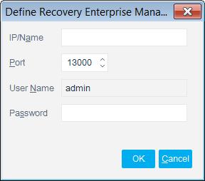 5. In the CounterACT Devices pane, select Recovery. The Define Recovery Enterprise Manager dialog box opens. 6. Type the IP address of the Recovery device. 7. The default port should be 13000.