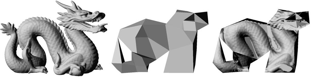 Figure 5.2: A dragon extracted from a 356 x 161 x 251 volume. Left: high-resolution dual contour surface (225,467 quads). Center: lowresolution, flat-shaded, dual contour surface (16,388 quads).