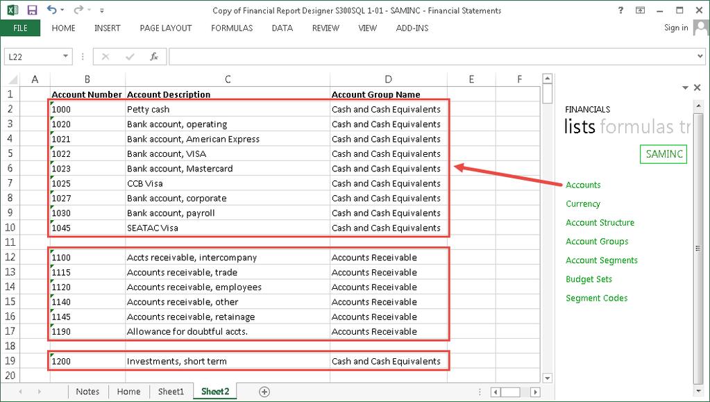 Sage Intelligence doesn t currently have dynamic account ranges when using the Task Pane to design layouts (this is provided for in the Layout Generator through the Show Account Detail option).
