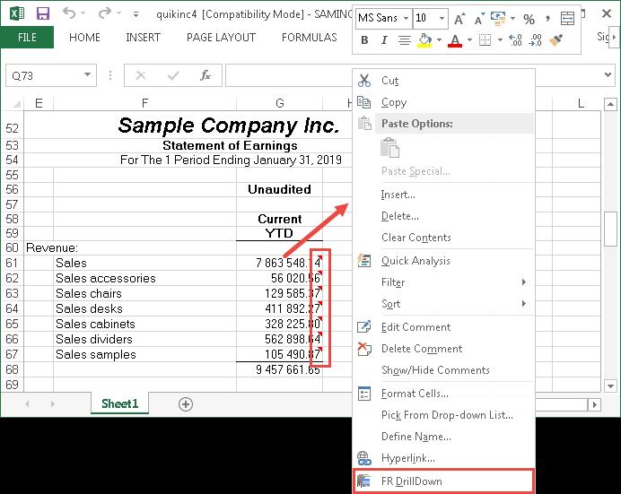 You can drill down on all Sage Intelligence financial formula. To do this, right click on a cell containing a formula and select Drill Down. The results will open in a new sheet in Excel.