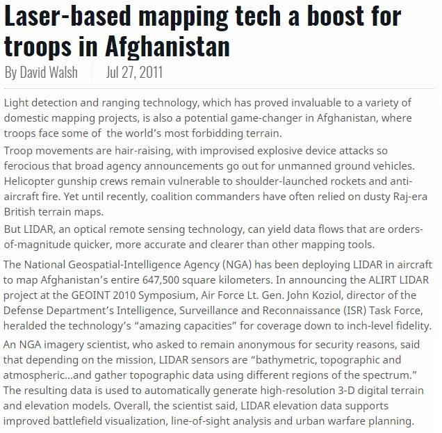 Case Study: Due to benefits of LiDAR over Imagery, US Army prefers to use LiDAR in areas of conflict over other mapping technologies LiDAR, an