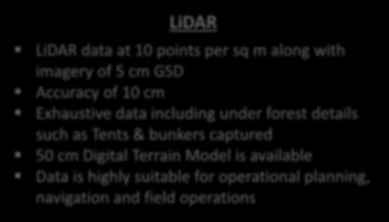 navigation and field operations Not suitable for forested terrain LiDAR LiDAR data at