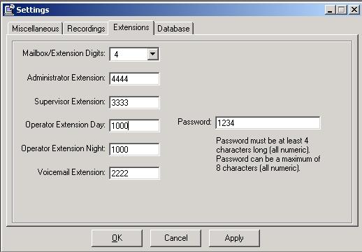 8. In the Settings window, select the Extensions tab and set Extension Digits (length of the extensions on the switch) to 4, Administrator Extension to 4444, Supervisor Extension to 3333, Password