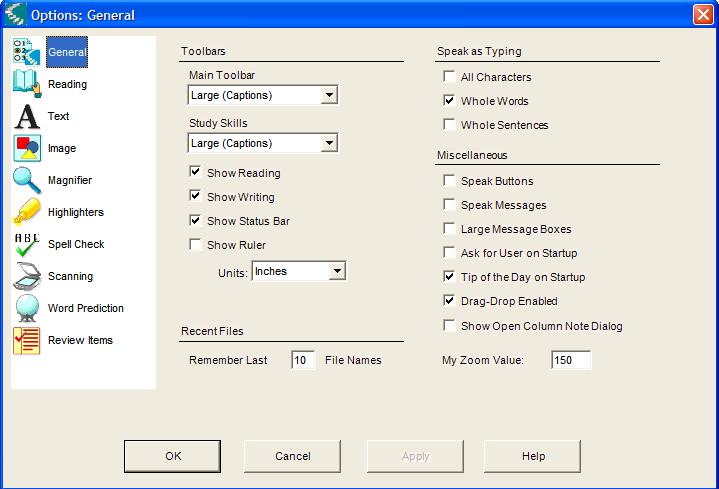 Setting Options in Kurzweil 3000 Most of the features in Kurzweil 3000 have additional options, the majority of which are in the Options panes. To access an Options pane: 1.