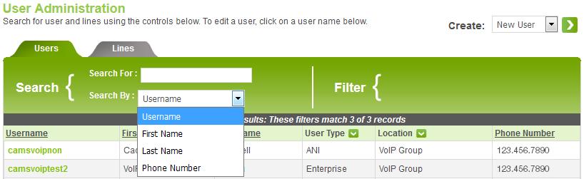 Search & Filter Functions Utilize the User Administration section to assist in finding users or lines.
