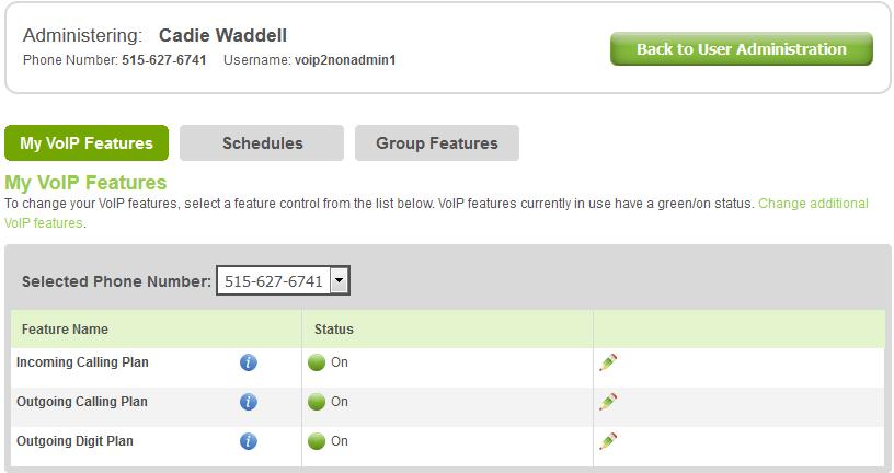 Manage User Features This option will allow VoIP Administrators to make changes to other users features.