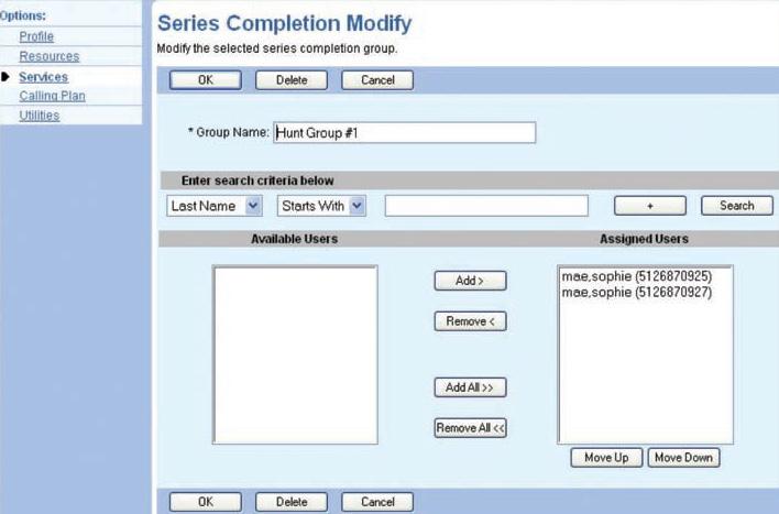 Modify an Existing Series Completion Group Select Search Select the hunt group from the list Add or remove users in the series completion by highlighting the user and clicking the Add or Remove