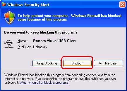 14. If you have Windows XP and the Windows Firewall is enabled you will see this window pop-up message when the MFP server utility is first launched.