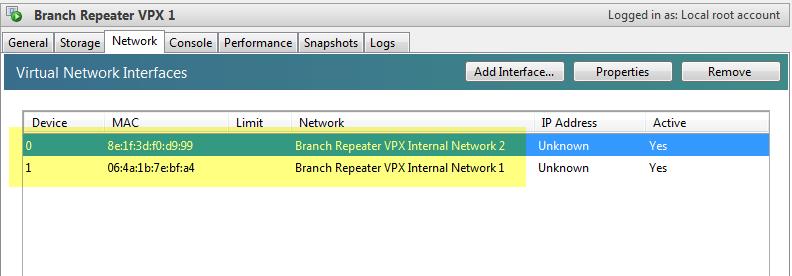 Configuration Branch Repeater VPX 1 While shutdown, configure Branch Repeater VPX 1 networking such that Device0 and Device1 is attached to Virtual Network 1 and Virtual Network 2.