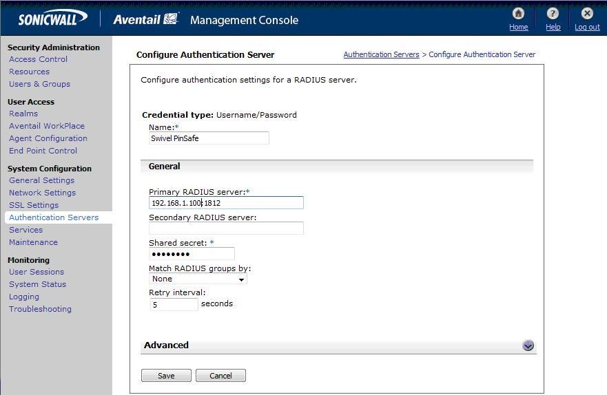 SonicWall Aventail Integration Configuring The Sonicwall Aventail for RADIUS Authentication A new Authentication Server needs to be set up with RADIUS username/password authentication.