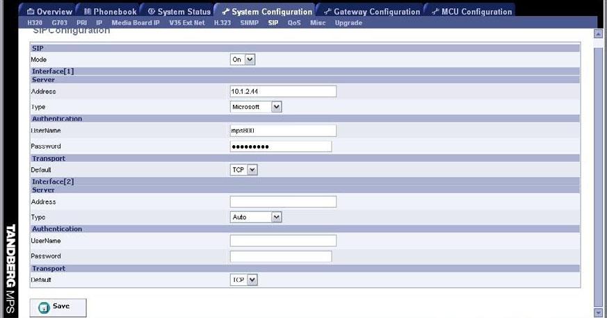 3.2 SIP Configuration To initially configure the MPS for SIP communication, navigate to System Configuration SIP. On the SIP Configuration screen, enable SIP by selecting on in the mode selection.