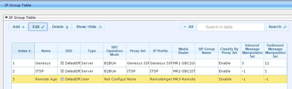 Remote User Agents (SBC Tab) The configured IP Groups are shown in