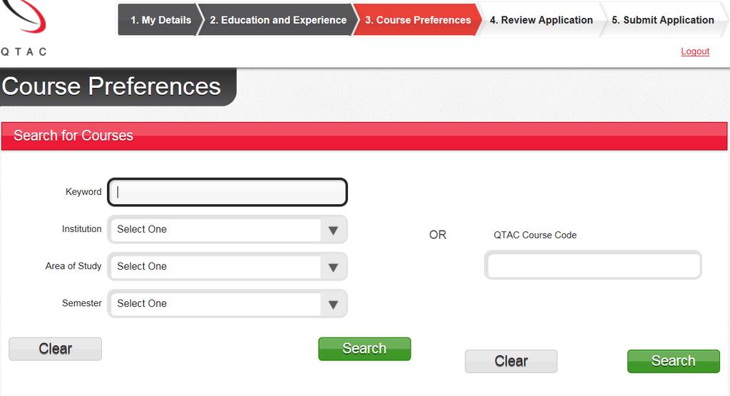 Apply Now Section 3 - Your preferences Search for the courses you