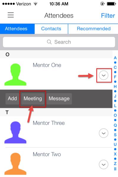 6. Click on the mentor name to view their profile or click the circle icon to the right of their name and profile icon to quickly access the meeting request button.