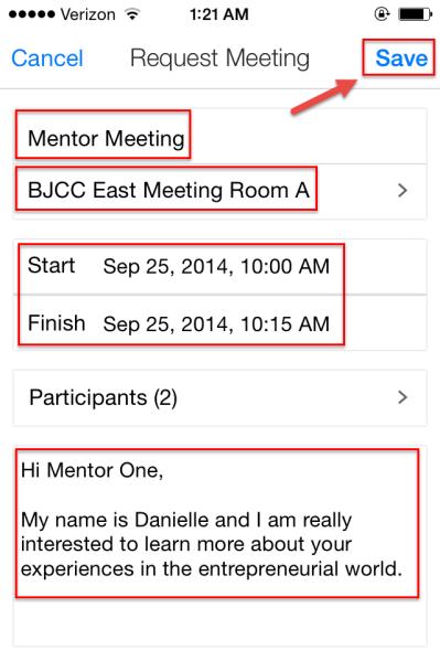 Keep in mind that that mentor meetings can only be held from 10:00 am 12:00pm in 15 minute time slots. Please set your meeting request time accordingly.
