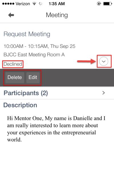 10. Underneath the meeting time, date and location you will see the status of the meeting. To edit the meeting or delete it click the circle icon to the right of the meeting s status.