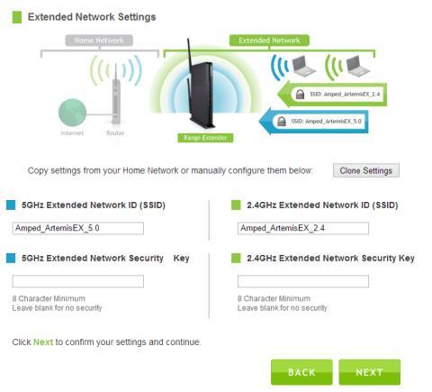 Extended Network Settings (SSID & Security) The default SSID of the Range Extender is Amped_REC44M_2.4 and Amped_REC44M_5.0.