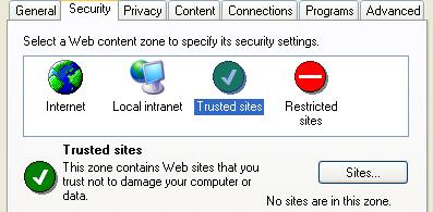 To do this perform the following actions: Tools -> Internet options -> Security Tab Click the trusted sites icon to enable the sites button below.