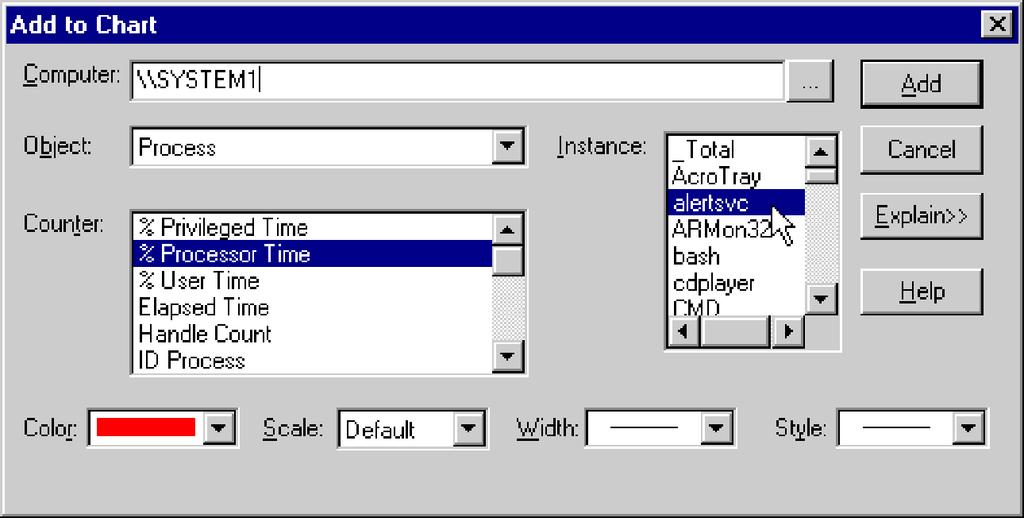 Figure 26. View your NT Performance Objects using the Performance Monitor. 3. Select the Object drop-down list to display the objects on your system. 4.