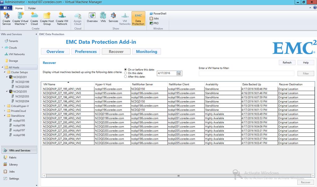Data Protection Add-in for SCVMM Figure 27 Data Protection Add-in for SCVMM Recover page NOTICE To recover backups that were created using an NMM release earlier than 9.