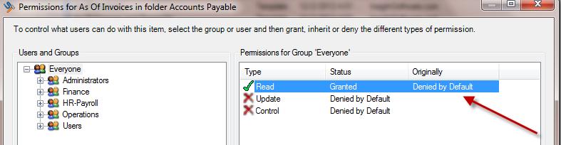 6. Double-click on the appropriate Permissions you would like to allow for this template or folder. In the example below, Everyone is granted Read Permissions. 7.