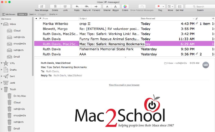 In earlier versions of Apple Mail, you viewed Mail in rows.