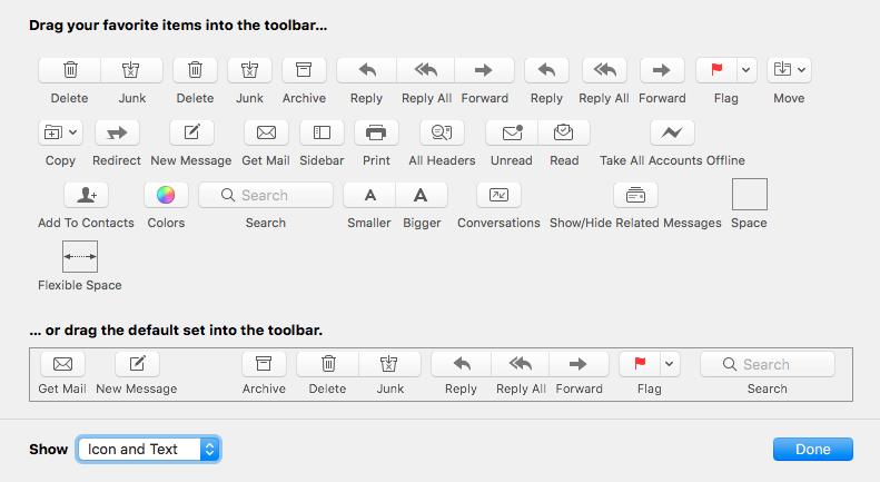 Customizing the Toolbars Each window in Mail has its own toolbar.