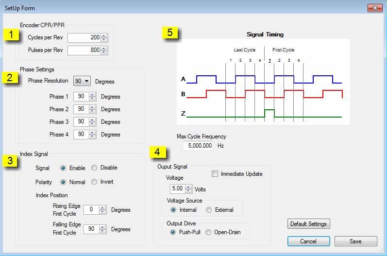 5.1 Setup Menu Encoder parameters such as Cycles-Per-Revolution (or Pulses-Per-Revolution), Index Signal, and encoder voltage are entered at the Setup Menu. The Setup Menu is shown below in figure 5.
