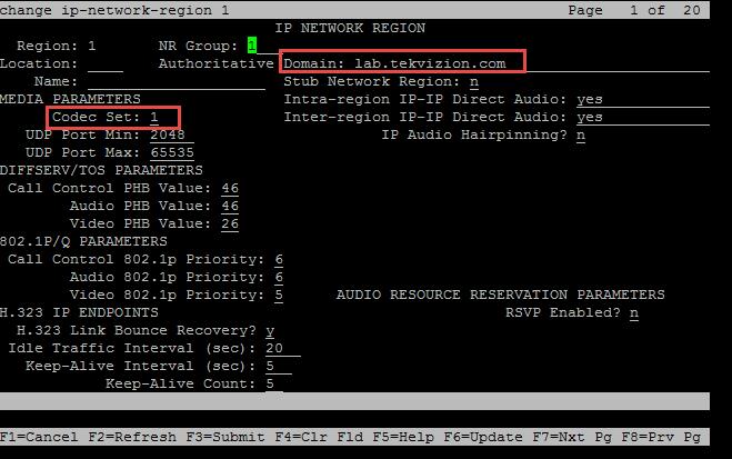 IP Network Region This example configured all the SIP phones in ip-network-region 1. Configure the Domain name and Codec Set parameters.