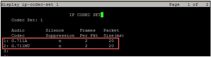 Avaya CM: Codec Configuration This example uses 1 for the Codec Set. The Crestron DSP device supports and includes G.711A and G.711MU in this set.
