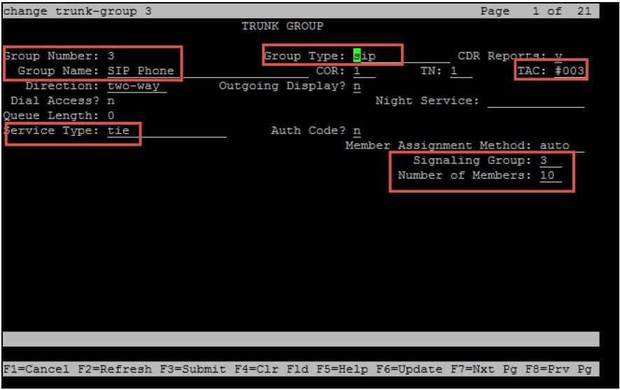 Trunk Group 3 Avaya CM: Trunk Group to Session Manager Trunk Group 3 (1/4) Configure Trunk Group 3 (entries for steps 1 through 7 are for this example): 1. Enter 3 for the Group Number. 2.