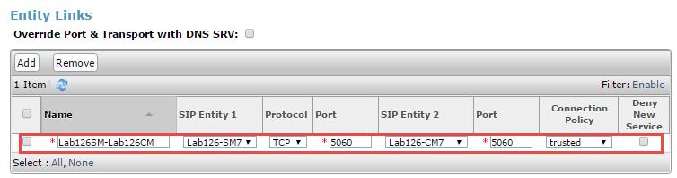 3. Under the General section, enter the following: a. In the Name box, type a descriptive name. This example uses Lab126- CM7 for the Avaya CM. b. In the FQDN or IP Address box, type the FQDN or IP address of the SIP entity interface used for SIP signaling.