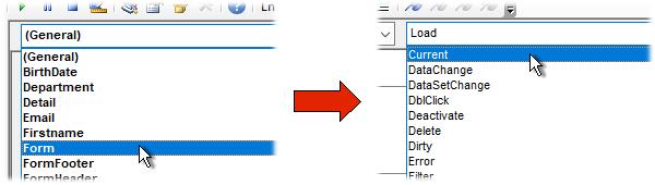 Fig. 14 Choose items from the drop-downs to create an empty Event Procedure. We don t need to use the Form_Load event so select and delete the text that the Visual Basic Editor created for it.