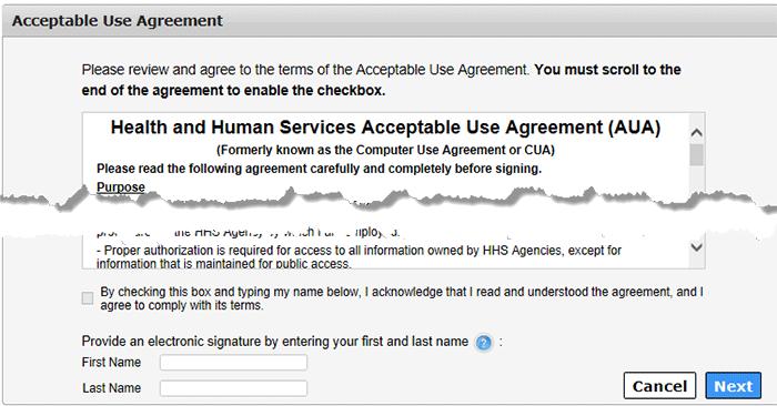 11.Read the Acceptable Use Agreement 12.Scroll and select the checkbox confirming your understanding 13.