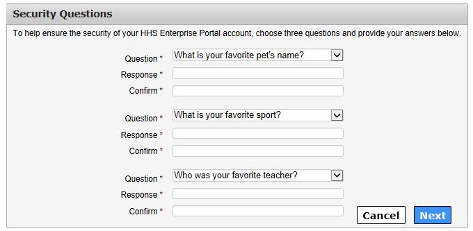 17.Choose three different security questions and enter