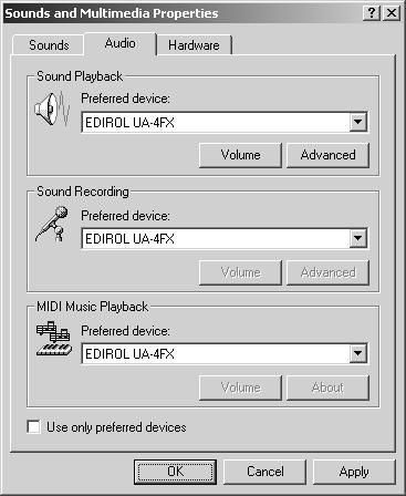 Windows 2000/Me users: 1. Open the Sounds and Multimedia Properties dialog box 1. Click the Windows Start button and select Settings Control Panel. 2. In Control Panel, double-click the Sounds and Multimedia icon to open the Sounds and Multimedia Properties dialog box.