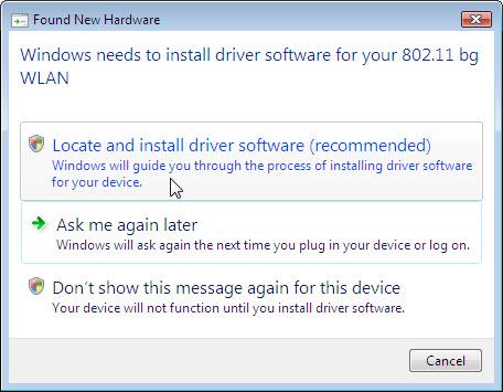 Click Locate and install driver software (recommended). Click Continue.