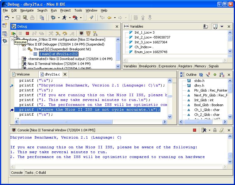 Running & Debugging Programs Figure 2 7. Debugging dhrystone_0 on the ISS Launching the debugger changes the workbench perspective to the debug perspective.