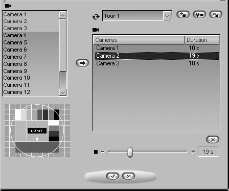 Video output properties A B C Picture 40. The Edit Camera Tours dialog. A. Available cameras B. List of camera tours C. Buttons for adding, modifying and deleting camera tours D.