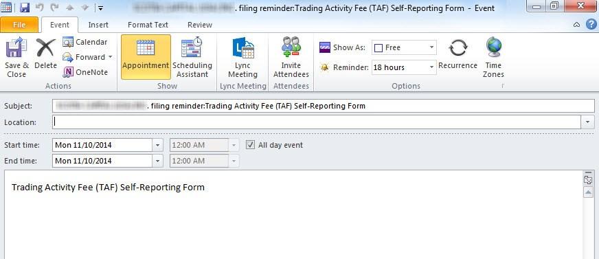 The Filing Reminder event displays in the Microsoft Outlook