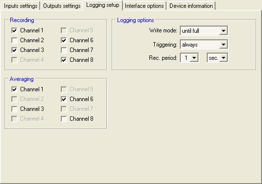 Logging options - in this section define recording-related parameters for all recorded measurement channels of the device.
