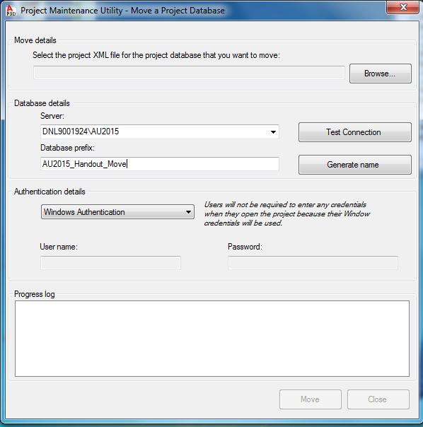 FIGURE 9: PROJECT MAINTENANCE UTILITY - DATABASE PREFIX MOVE DETAILS 9. In the Authentication Details, select the authentication mode Windows Authentication - Windows credentials will be used.