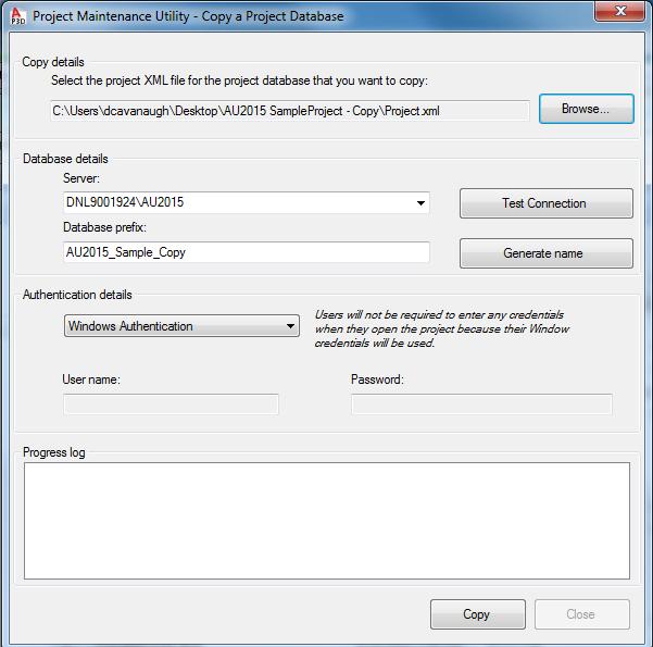 FIGURE 13: PROJECT MAINTENANCE UTILITY - DATABASE PREFIX COPY DETAILS 9. In the Authentication Details, select the authentication mode Windows Authentication - Windows credentials will be used.