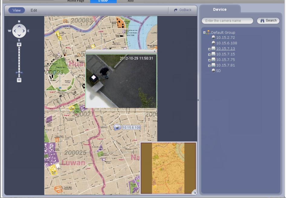 5.2.3 Liveview E-map After you edited the e-map, you can click View button to liveview. Buttons at the left top of the interface can zoom in, zoom out or move e-map.